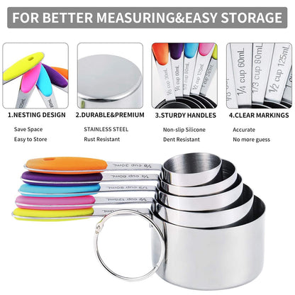 TILUCK Measuring Cups and Magnetic Measuring Spoons Set, Stainless Steel Measuring Cups, 6 Double-Sided Stainless Steel Measuring Spoons & 1 Leveler (5+7)