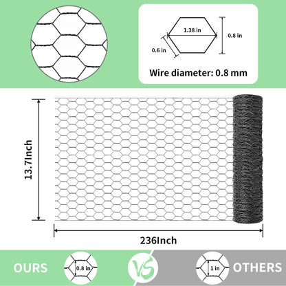 Chicken Wire 13.7 in x 236 in Poultry Wire Netting Hexagonal Galvanized Mesh Garden Fence Barrier for Pet Rabbit Chicken Fencing (PVC-Coated)