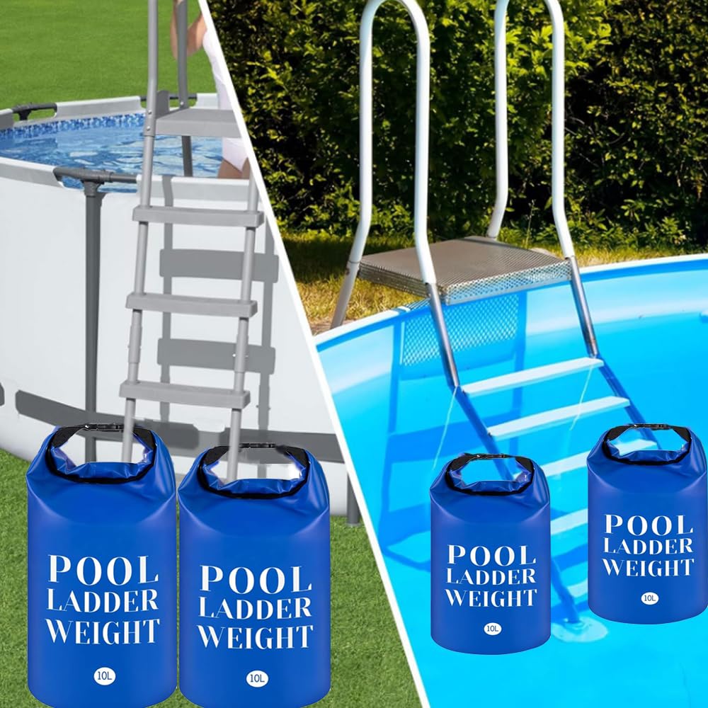 4 Pcs 10L Universal Swimming Pool Ladder Weights-500D PVC Waterproof Pool Step Weight Sand Bags-Collapsible Water Container/Fillable Pool Stair Weight Anchor Bag for Pool Steps and Ladders(Blue&Grey)