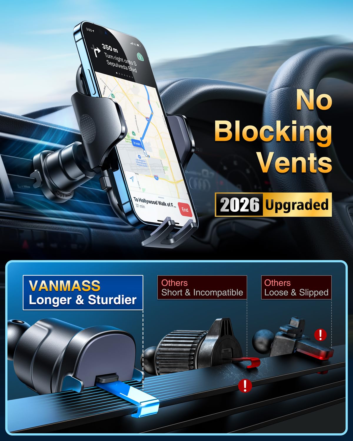 [2026 True Military-Grade] Car Phone Holder VANMASS [Upgraded Strongest Suction & Clip] Cell Phone Mount for Dashboard Windshield Vent Desk, Truck Cradle Stand for iPhone 17 Pro Max 16 15 14 Android