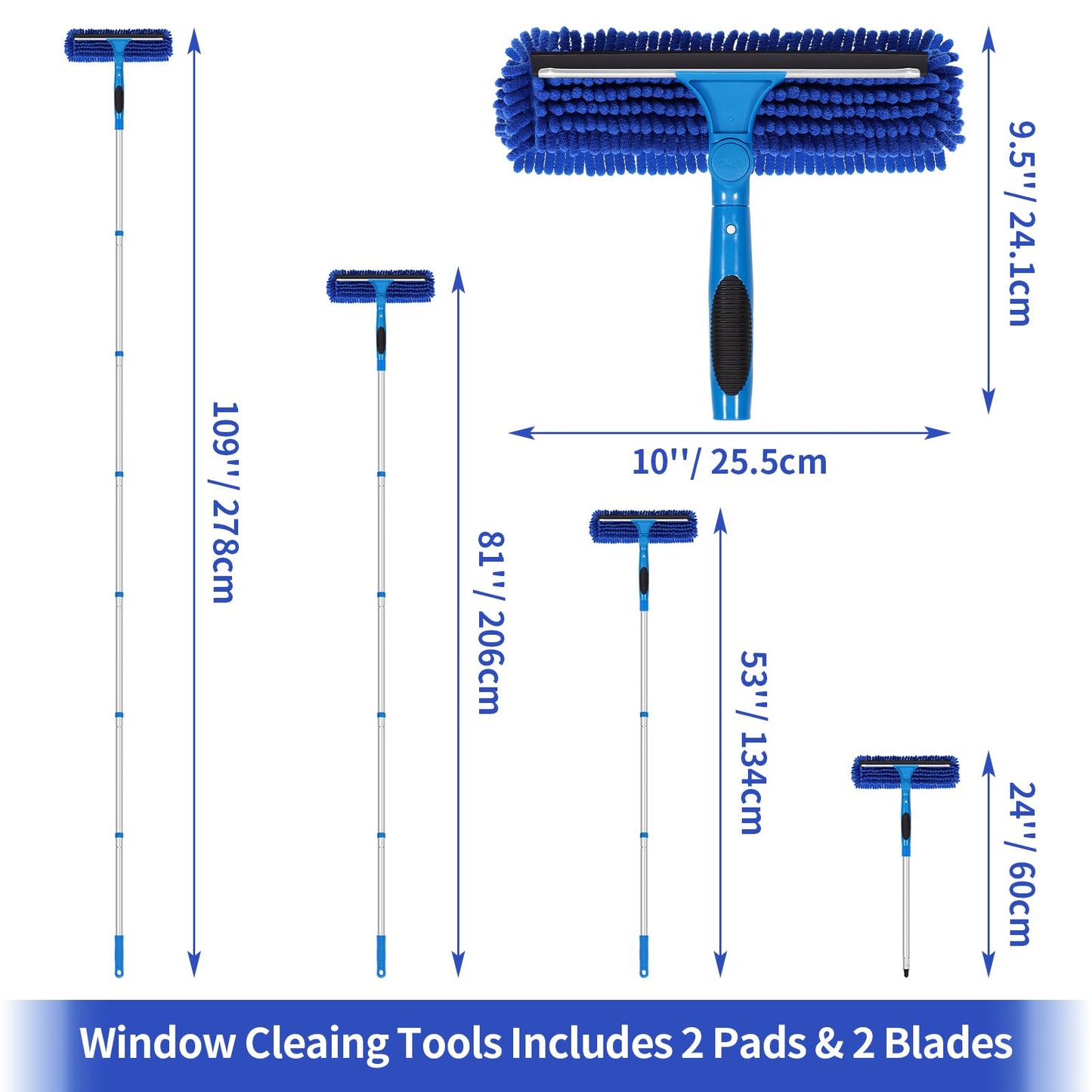 TIMIVO 109" Window Cleaning Squeegee Kit, Professional 2 in 1 Squeegee Window Cleaner with Extension Pole, Window Washing Kit with 2 Blade 2 Pads for Indoor & Outdoor High Windows Car Glass