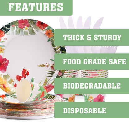 SIMYFOIN Hawaiian Tropical Beach Theme Party Decorations Disposable Floral Paper Plates and Napkins Set for 24 Guest Beach Luau Birthday Summer Paper Plate Tableware