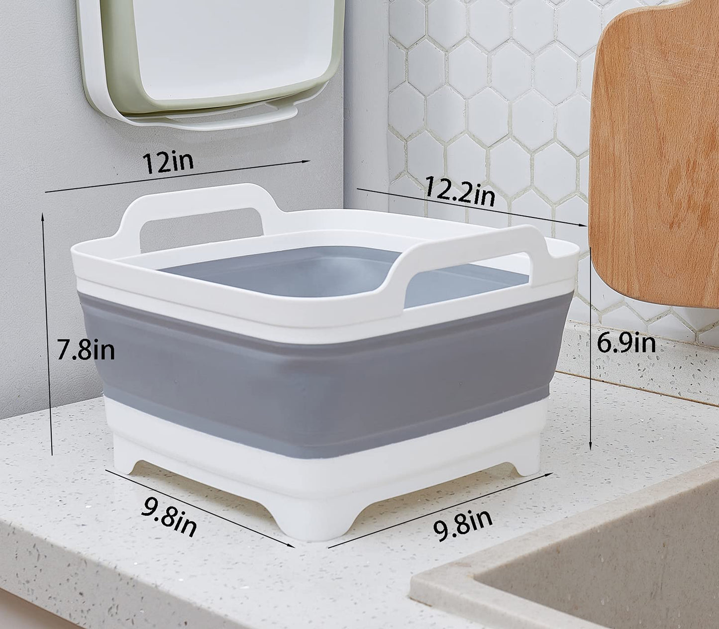 AAKitchen Collapsible Dish Basin with Drain Plug Carry Handles for 9L Capacity Collapsible Sink Tub Dish Wash Basin Portable Dish Tub Foldable Dishpan for RV Trailers Camping Dish Washing Tub (Gray)