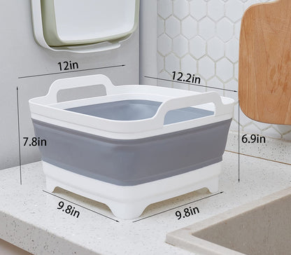 AAKitchen Collapsible Dish Basin with Drain Plug Carry Handles for 9L Capacity Collapsible Sink Tub Dish Wash Basin Portable Dish Tub Foldable Dishpan for RV Trailers Camping Dish Washing Tub (Gray)