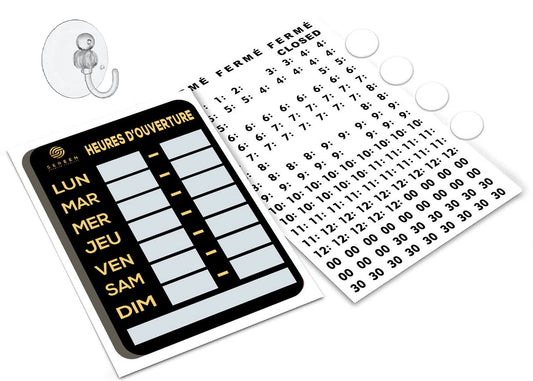 SEREEN® Signe ouvert. Kit d'heures d'ouverture - (couleurs noir et or), French Business Hours Sign, with 4 Free Double-Sided Adhesive Pads, One Piece Hanging Hook, and Black Vinyl Number Sticker Set, for all types of businesses and retail offices, for adv