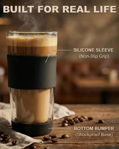 400ml Glass Travel Mug with Full Glass Lid - Double Wall Insulated Coffee Cup - Non-Slip Silicone Sleeve for Car, Commute - Reusable Tea Tumbler (Plastic-Free)