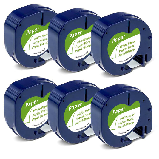 Compatible with Dymo LetraTag Refills White Paper 91330 10697 Label Tape 12mm x 4m for Dymo Letra Tag LT-100H LT-100T Plus 200b QX50 2000 Label Maker Refills, 6-Pack 1/2 Inch x 13 feet