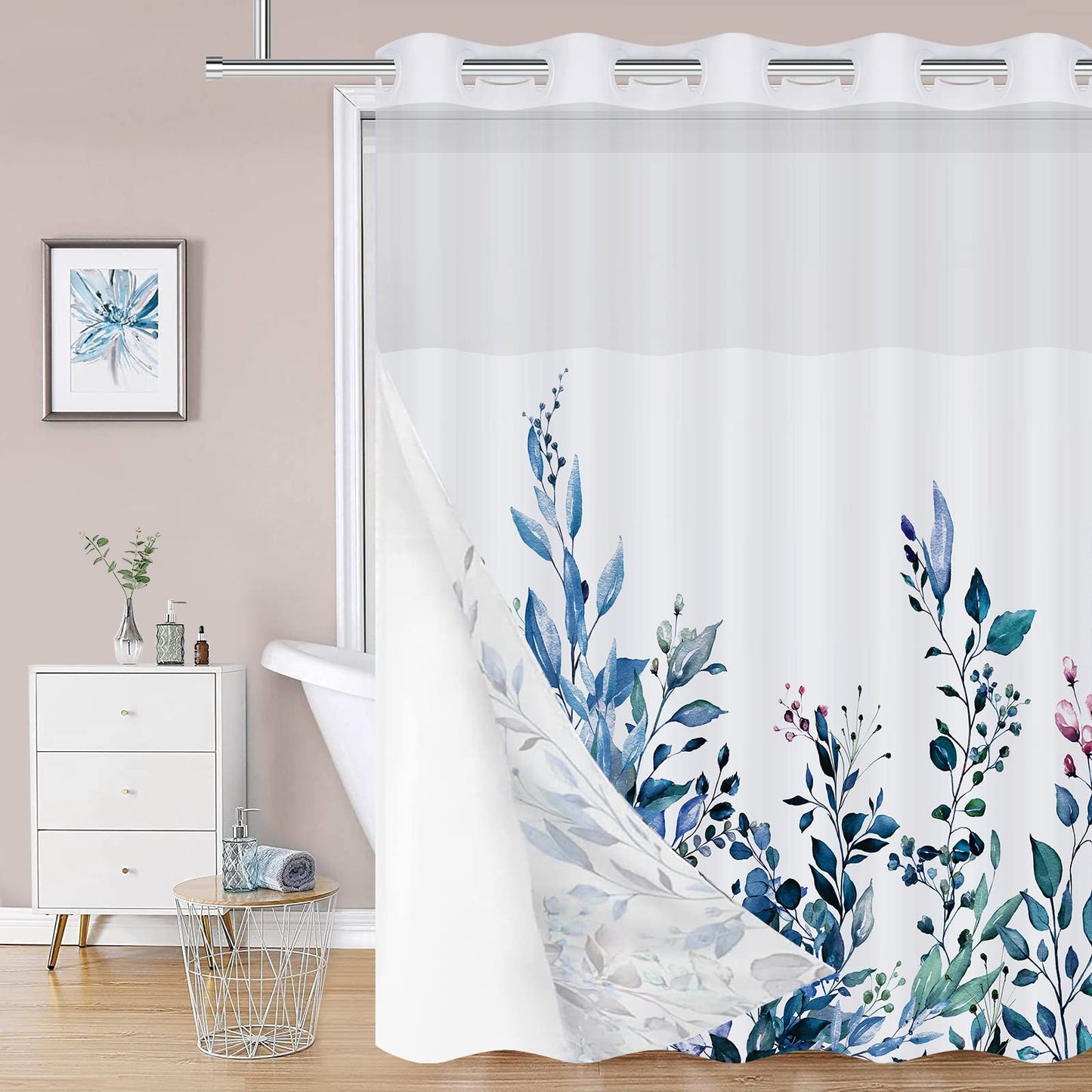 REZAYMRS Floral 3 in 1 Shower Curtain No Hooks Design, 71x74 inch Waterproof & Washable, Polyester Shower Curtains with Snap in Fabric Liner, Sheer Top Window, Double Layer Bathtubs Hotel Curtain Set