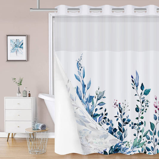 REZAYMRS Floral 3 in 1 Shower Curtain No Hooks Design, 71x74 inch Waterproof & Washable, Polyester Shower Curtains with Snap in Fabric Liner, Sheer Top Window, Double Layer Bathtubs Hotel Curtain Set