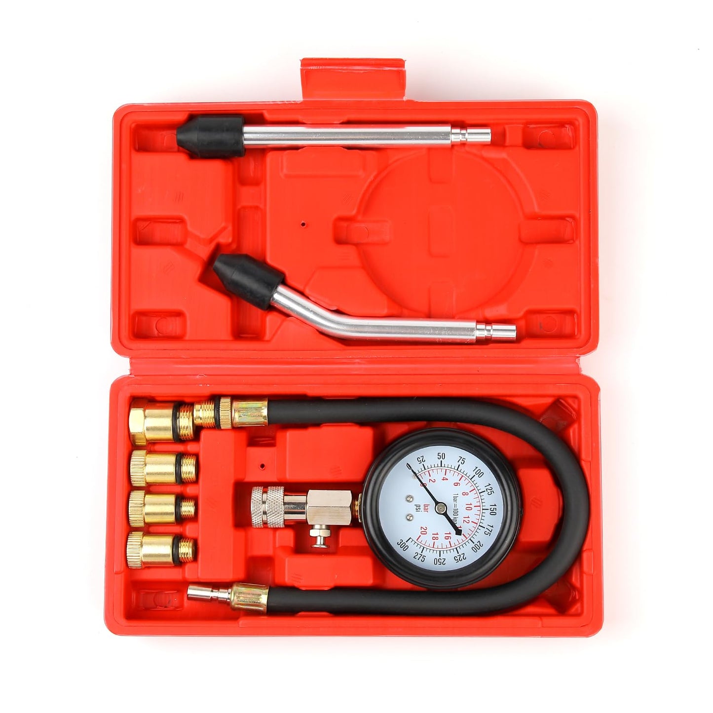 Compression Tester, 8pcs Engine Compression Tester kit Professional Petrol Gas Engine Cylinder Pressure Gauge 0-300 PSI Automotive Tool for Motorcycle Car Truck (red)