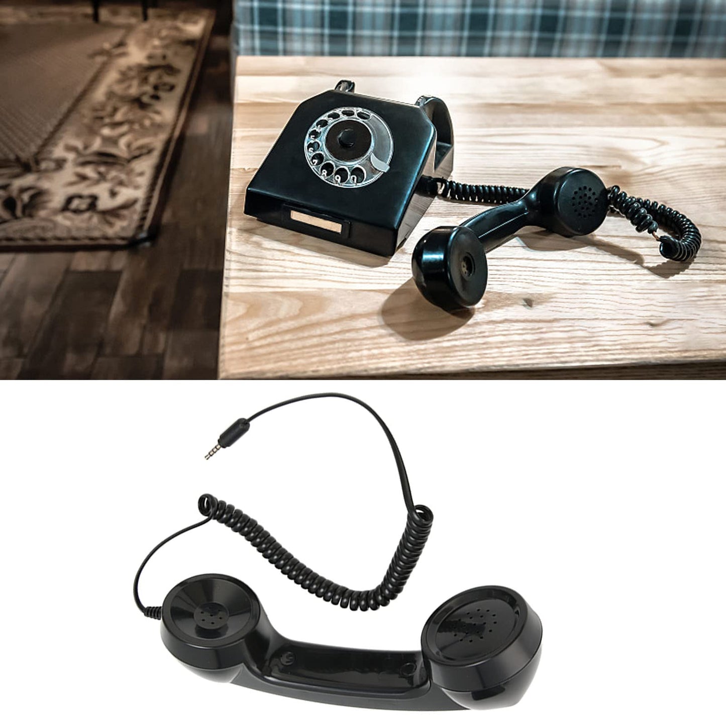 3.5mm Retro Telephone Handset, Cell Phone Handset, Cell Phone Receiver Microphone Speaker, for Smartphones and Computers with 3.5mm Headphone Jack (Black)