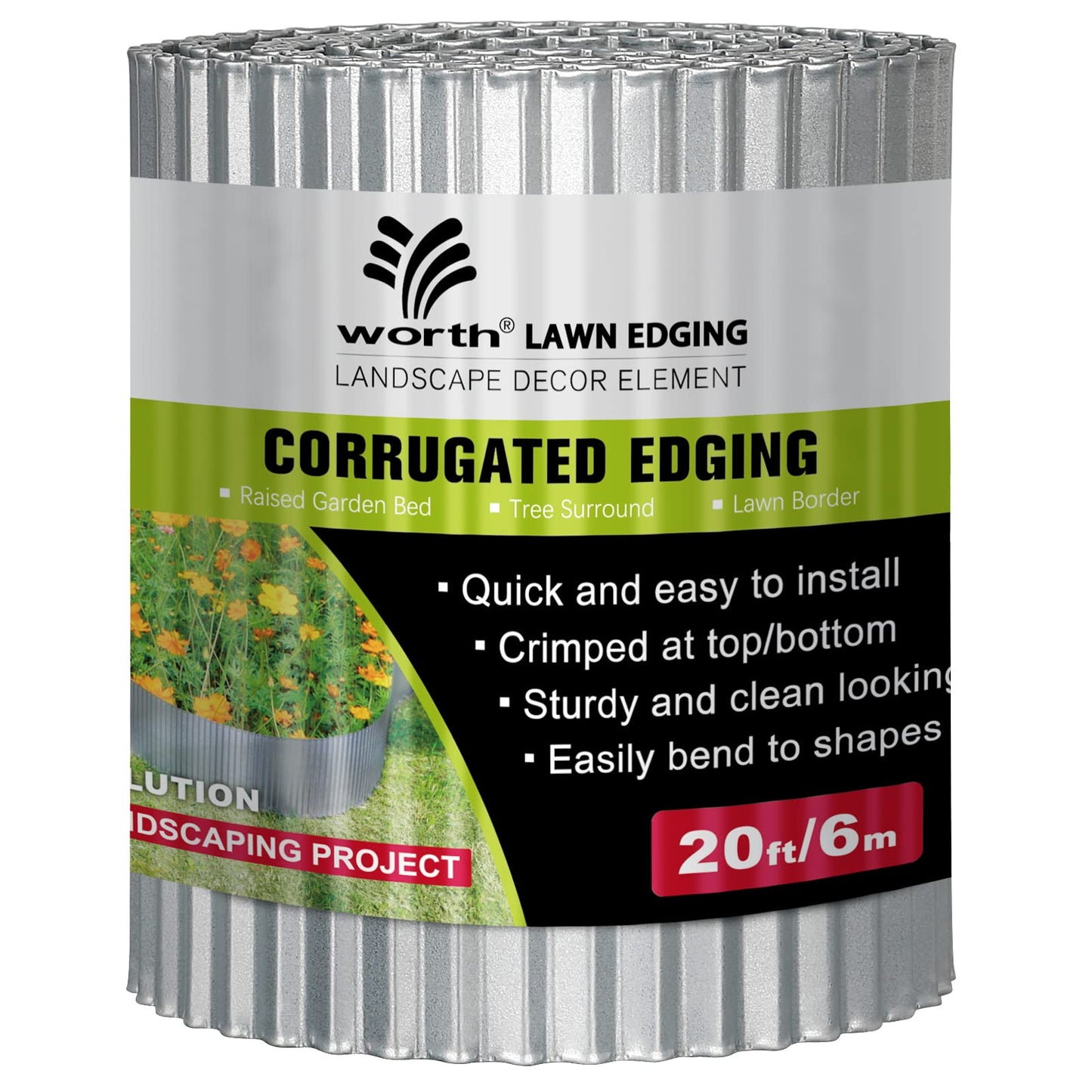 Worth Garden Corrugated Steel Landscape Lawn Edging - 6" x 20' Flexible Garden Lawn Border Edging for Raised Flower Bed Tree Fence