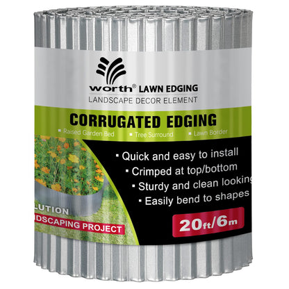 Worth Garden Corrugated Steel Landscape Lawn Edging - 6" x 20' Flexible Garden Lawn Border Edging for Raised Flower Bed Tree Fence
