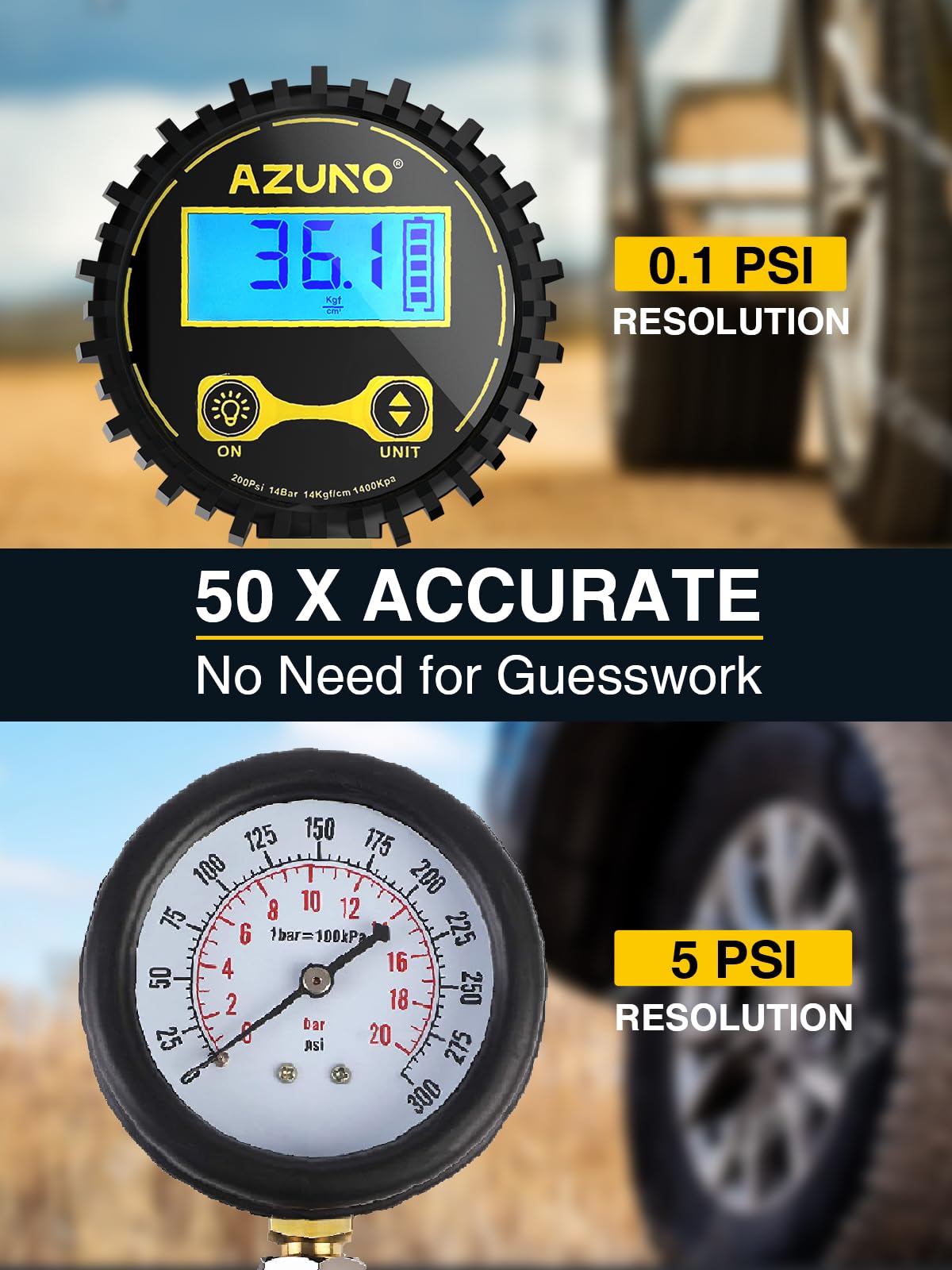 AZUNO Digital Tire Inflator with Pressure Gauge, 200 PSI, Heavy Duty Air Compressor Accessories, w/Rubber Hose Lock on Air Chuck and Quick Connect Coupler (Standard)