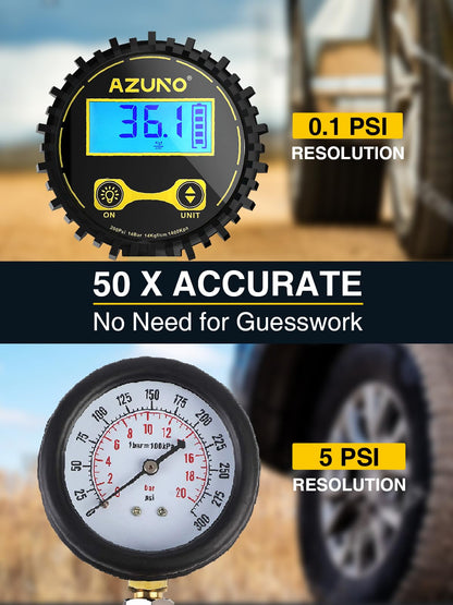 AZUNO Digital Tire Inflator with Pressure Gauge, 200 PSI, Heavy Duty Air Compressor Accessories, w/Rubber Hose Lock on Air Chuck and Quick Connect Coupler (Standard)