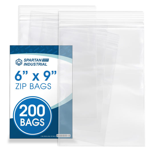 Spartan Industrial - 6” X 9” (200 Count) Quart Clear Reclosable Zip Plastic Poly Bags with Resealable Lock Seal Zipper - 2 Mil