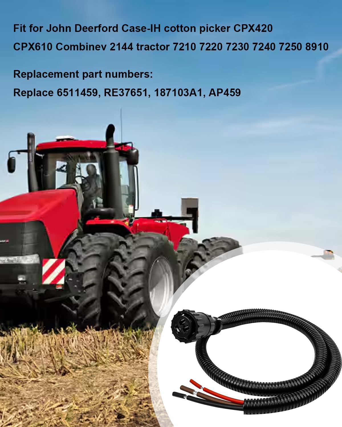 3 Pin Auxiliary Cable Fit for John Deere Ford Case-IH Cotton Picker CPX420 CPX610 Combinev 2144 Tractor 7210 7220 7230 7240 7250 8910, Aux Power Connector Kit Replace 187103A1 86511459 RE37651 AP459