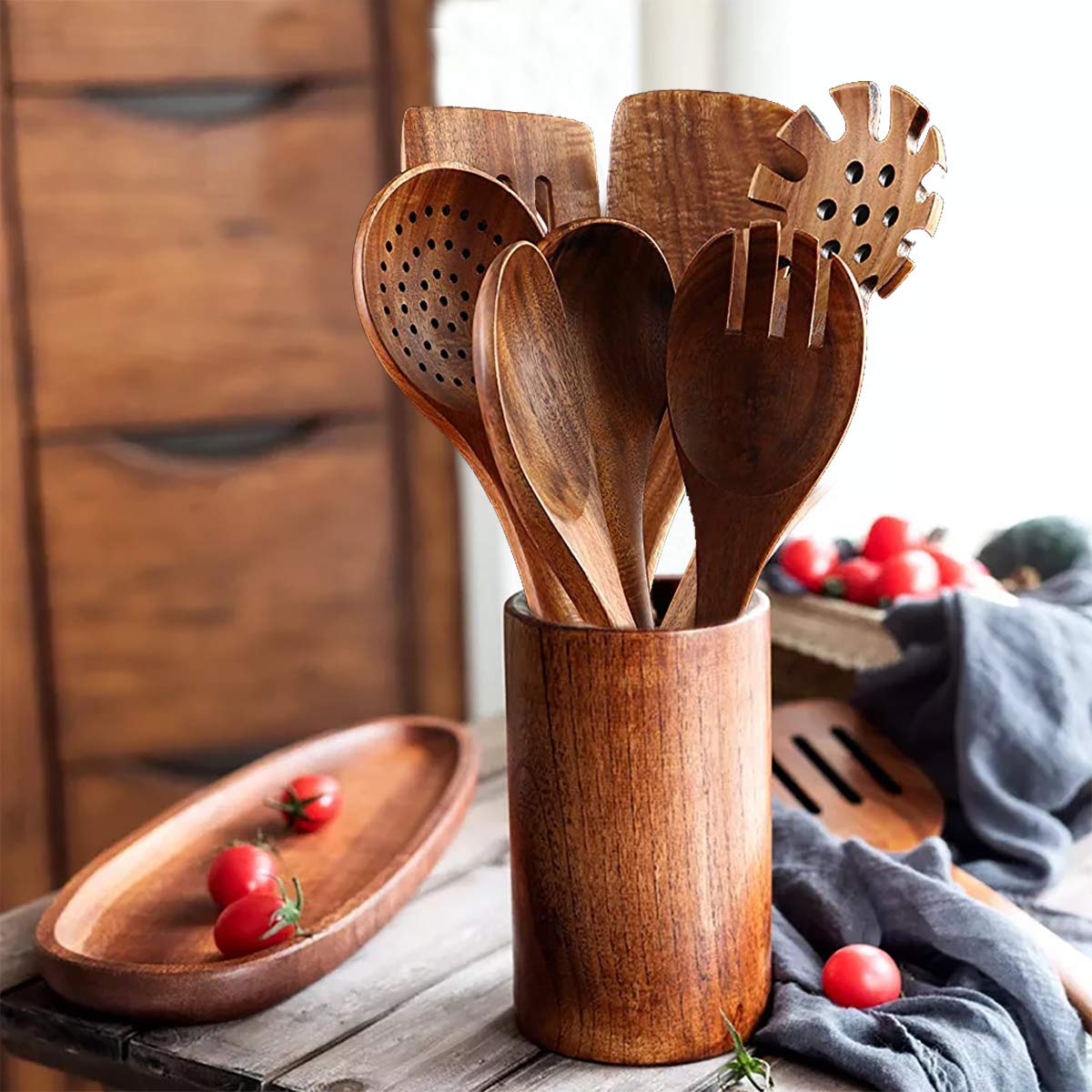 Wooden Spoons for Cooking,Natural Teak Wooden Kitchen Utensils Set (7 PCS)