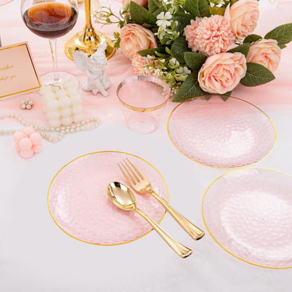 Auch 30 Pack Hammered Plastic Plates Heavyweight Disposable Plastic Plates Elegant Clear Rim Platsic Party Dishes, Hammered Pink with Gold Rim, 7.5 Inch Plates