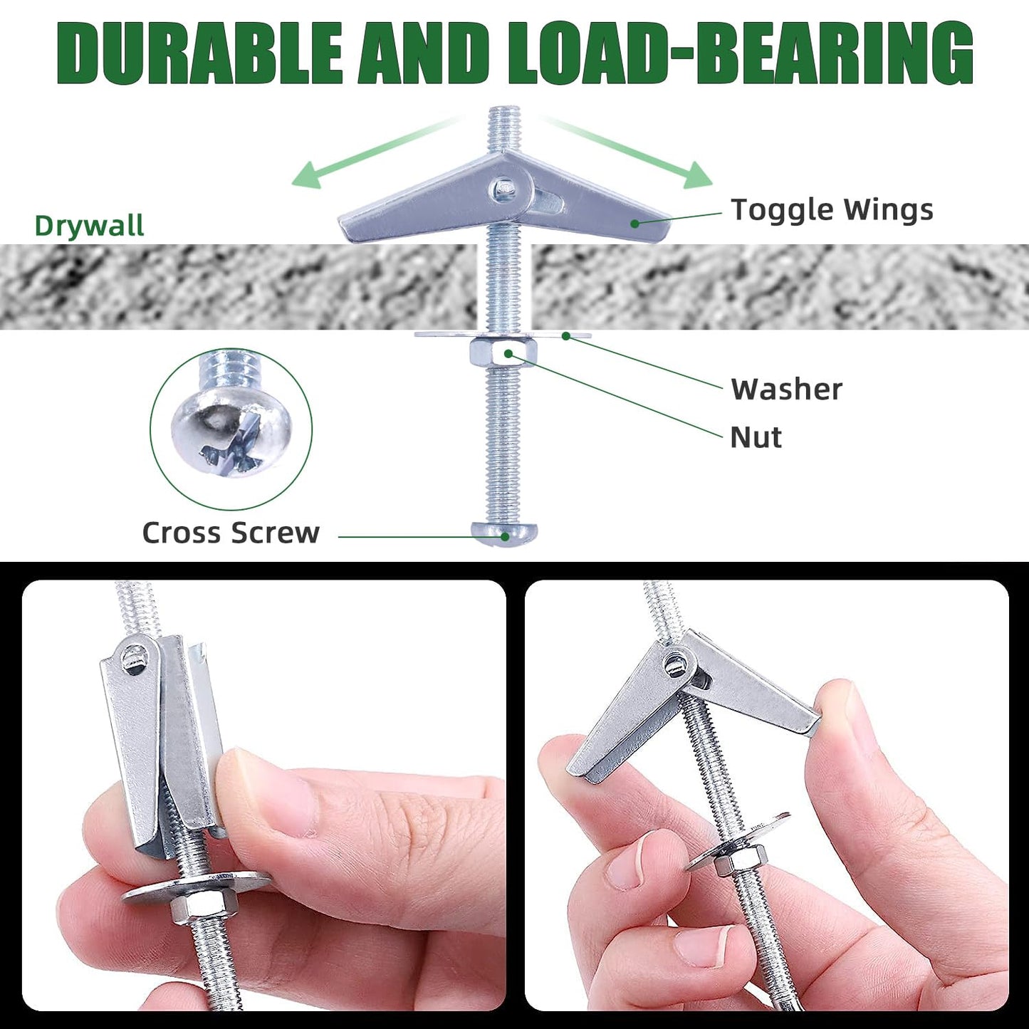 Keadic 48Pcs 3 Sizes Toggle Bolt Assortment Set 1/8'', 3/16'', 1/4'' Toggle Anchors with Wing Nut and Hex Nuts, Washers, Hollow Drywall Anchors Screw Kit for Frames Shelves Hanging Heavy Items