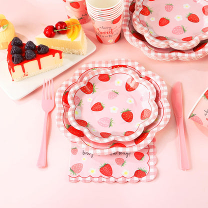 Gudvilla Strawberry Baby Shower Decorations for Girl, Baby Shower Plates and Cups and Napkins Sets Serves 24, Strawberry Plates, A Berry Sweet Baby Is On The Way Decorations, Berry Sweet Party