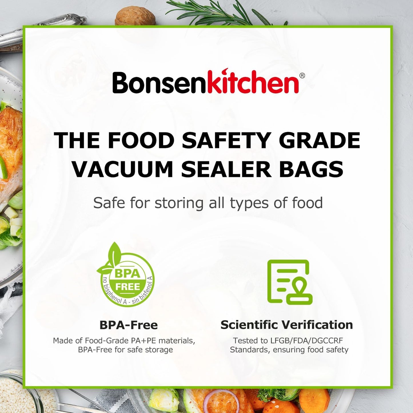 Bonsenkitchen Vacuum Food Sealer Bags 200 Quart 8" x 12", BPA Free, Commercial Grade Textured Food Vacuum Sealer Bag, Thick Embossed Bags for Food Storage and Sous Vide Cooking VB3208