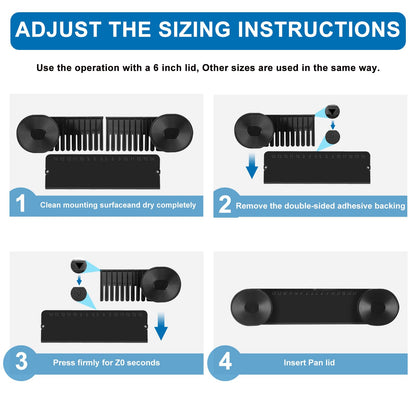 YONGAIJIA New Upgrade 4 Pack Adjustable Pot Lid Holder, Lid Organizer Fits 6" to 14" Lids, with Screw Hole Position and Sticky Wall Mounted Lid Storage Kitchen Cabinets, Cabinet Doors (Black)