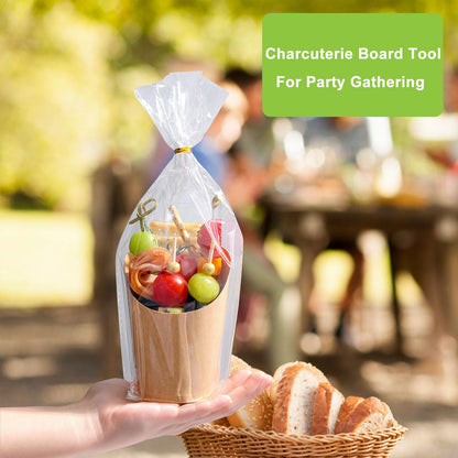 60 Pack Charcuterie Cups with Skewers & Bags, 14 oz Kraft Paper Snack Boxes with Cocktail Picks, Individual French Fry Holder, Appetizer Boards Accessories [60 Cups + 200 Sticks + 60 Bags] Brown