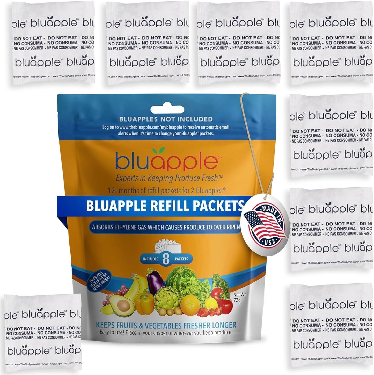 Bluapple Produce Saver Refill Kit - Keep Fruits and Vegetables Fresh Longer, 8 Veggie and Fruit Saver Packets, Each Packet Lasts up to 3 Months, Ethylene Gas Absorber