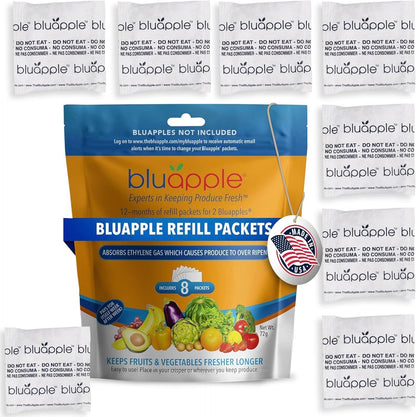 Bluapple Produce Saver Refill Kit - Keep Fruits and Vegetables Fresh Longer, 8 Veggie and Fruit Saver Packets, Each Packet Lasts up to 3 Months, Ethylene Gas Absorber