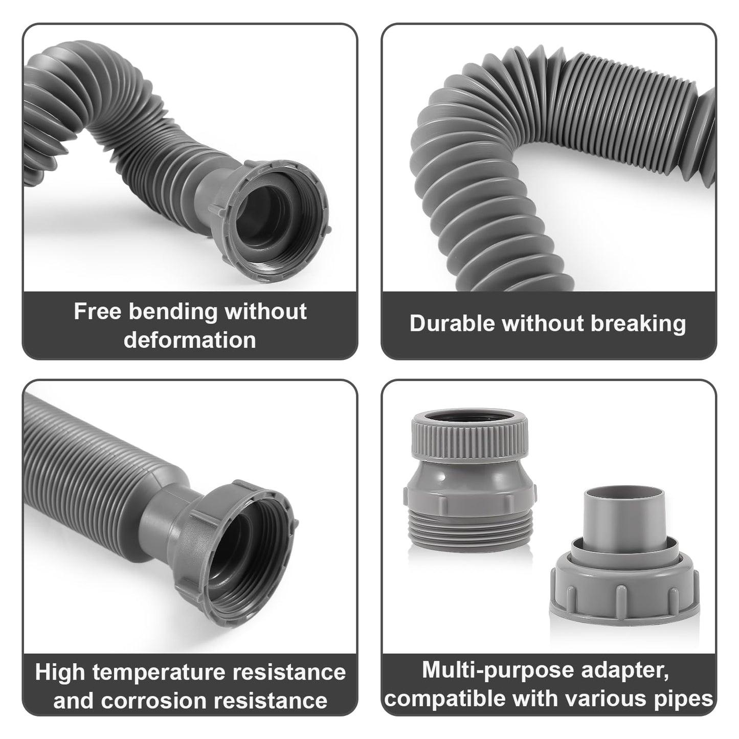 QruiLanTu 1 1/2" Flexible Drain Hose, Extendable Flexible Sink Drain Hose P-Trap with Adapter Suitable for Kitchens Bathrooms Outdoors and RVs (15 in-42.4in/58 cm-107 cm)