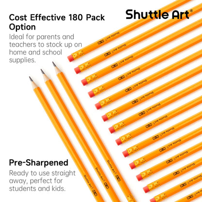 Shuttle Art Wood-Cased #2 HB Pencils, 180 Pack Sharpened Yellow Pencil with Erasers, Bulk Pack Graphite Pencils for School and Teacher Supplies, Writing, Drawing and Sketching