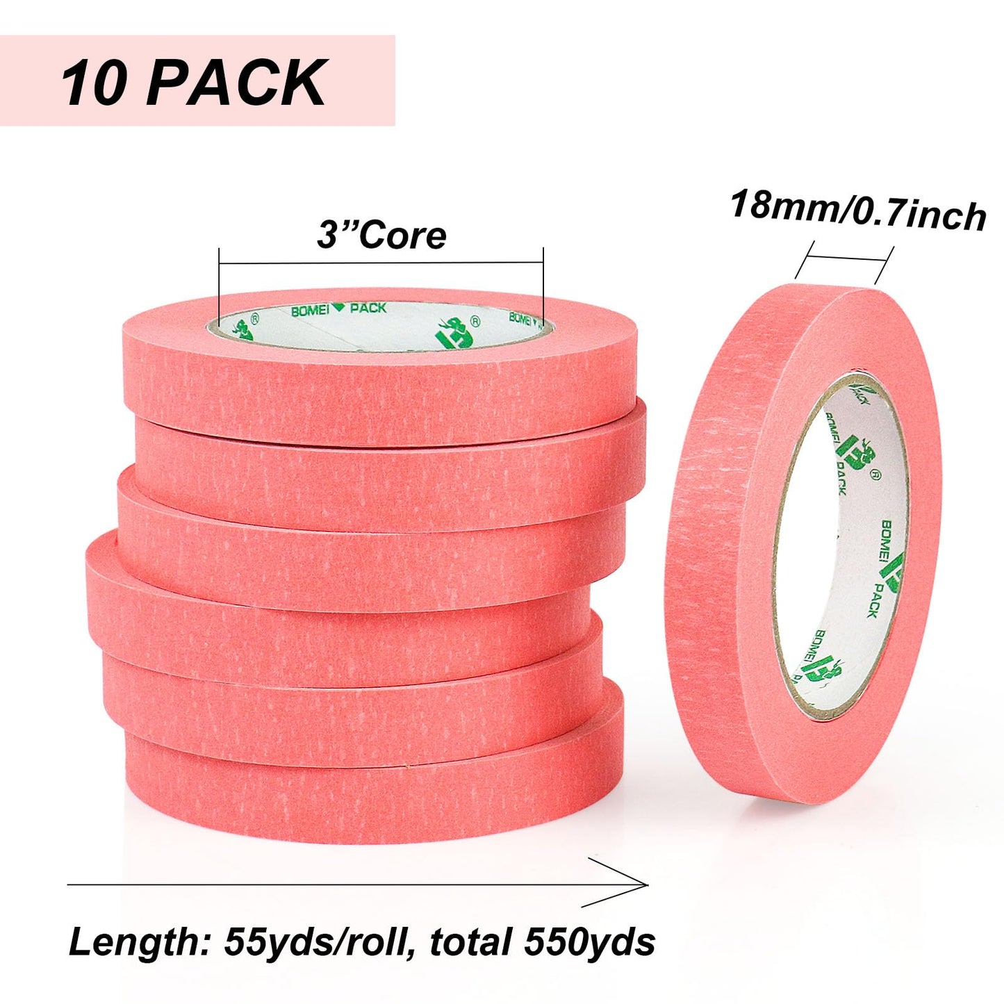 BOMEI PACK 10Rolls Pink Painters Tape, General Purpose Pink Masking Tape 0.75inch x 55yds, for Painting,Labeling,DIY Crafting,Decoration and School Projects, Total 550yds