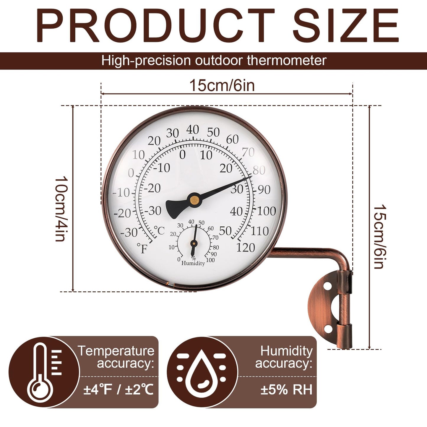 4 Inch Brass Outdoor Thermometer with Humidity Gauge, Analog Swivel Temperature Gauge Decorative Outdoor Thermometer for Patio Window Greenhouse Garage Garden Decor