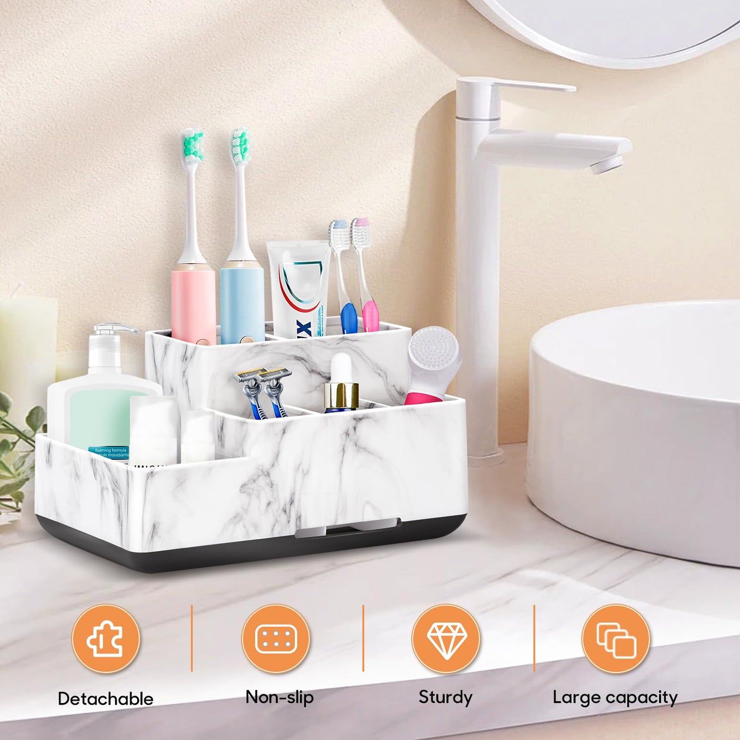Toothbrush Holder, Bathroom Organizers Countertop, 6 Compartments Multifunctional Washroom Organizer for Toothpaste, Cosmetic, Makeup, Office Stationery Pencils, White Marble