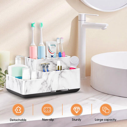Toothbrush Holder, Bathroom Organizers Countertop, 6 Compartments Multifunctional Washroom Organizer for Toothpaste, Cosmetic, Makeup, Office Stationery Pencils, White Marble