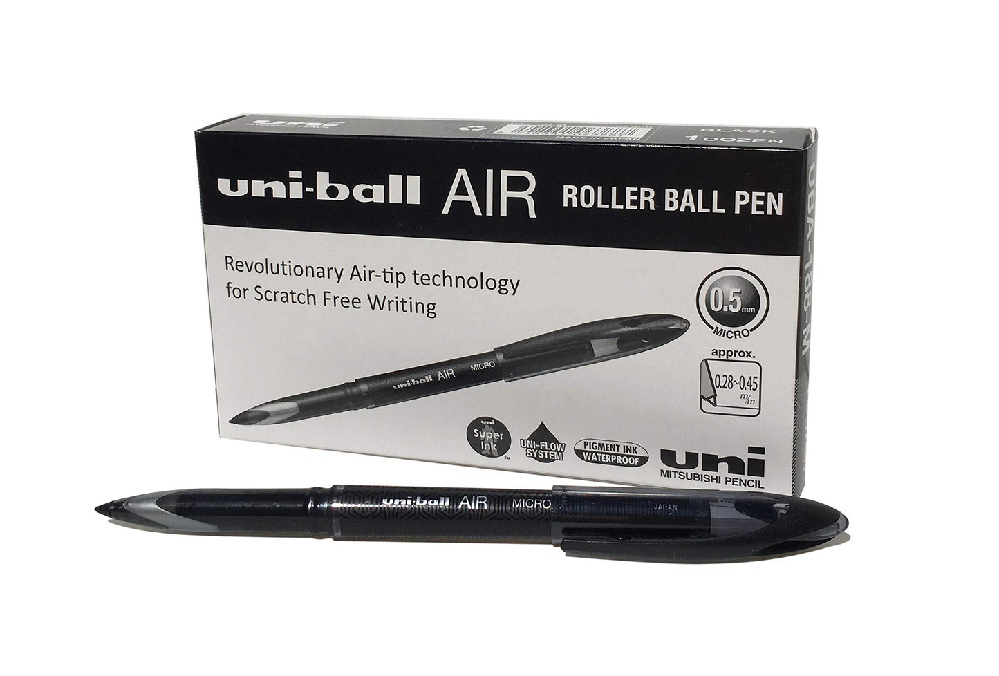 uni-ball UB-188-M Micro Air Rollerball Pens. Premium 0.5mm Nib for Super Smooth Handwriting. Writes Like a Fountain Pen. Fade and Water Resistant Liquid Uni Super Ink. Box of 12 Black Ballpoint Pens