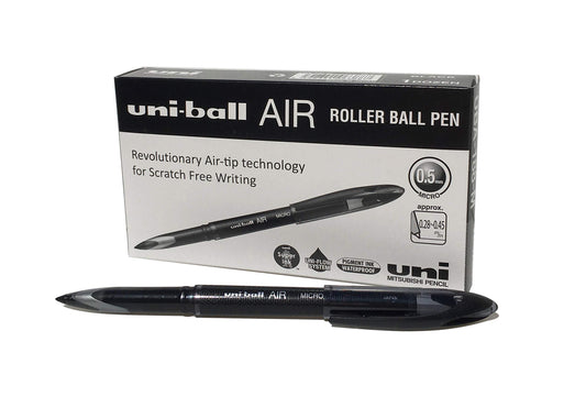 uni-ball UB-188-M Micro Air Rollerball Pens. Premium 0.5mm Nib for Super Smooth Handwriting. Writes Like a Fountain Pen. Fade and Water Resistant Liquid Uni Super Ink. Box of 12 Black Ballpoint Pens