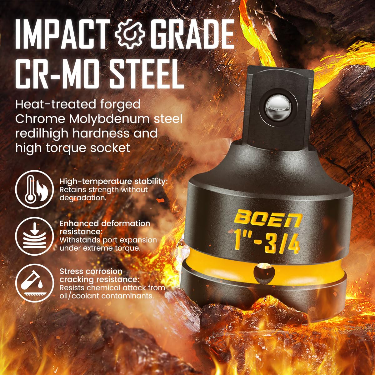 BOEN PRO 1" F to 3/4" M Impact Socket Reducer, Impact Driver Conversions for Impact Wrench, CR-MO Steel, Embossed and Painted Marking