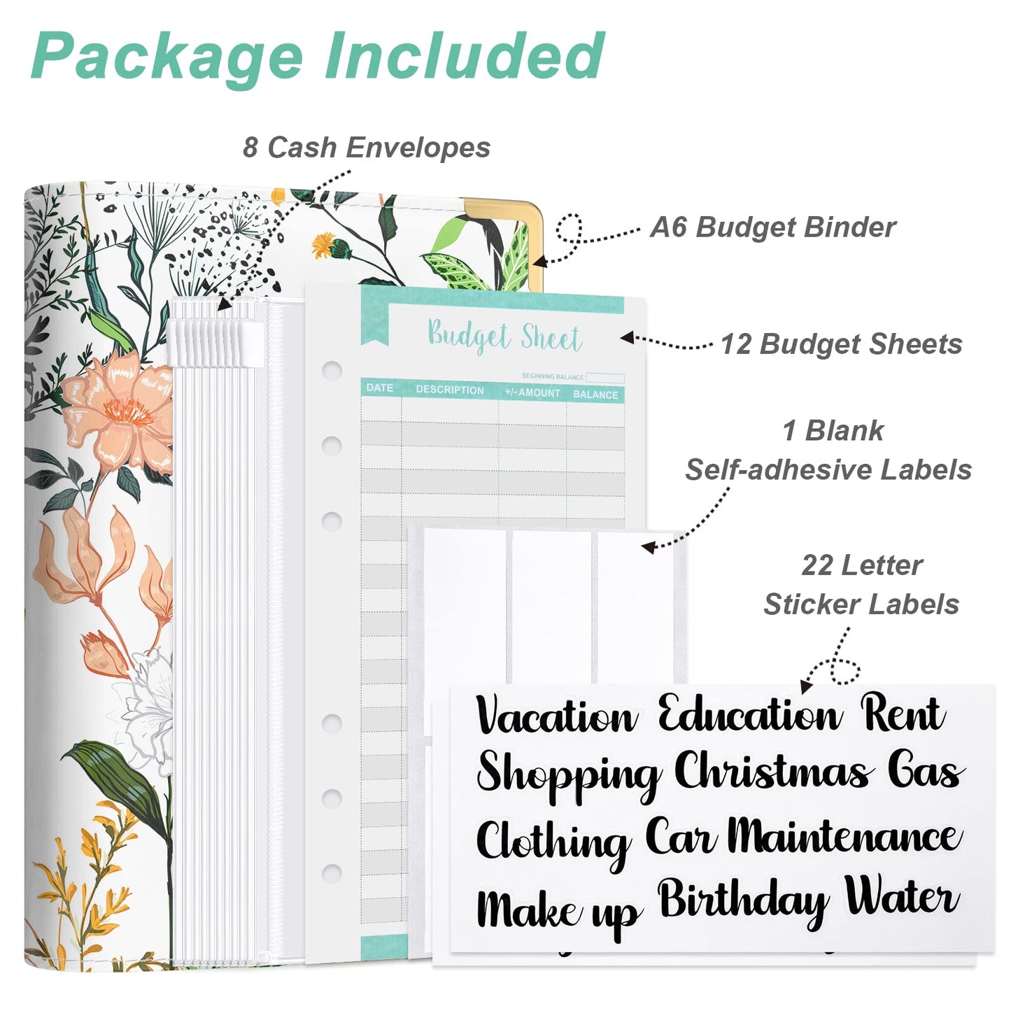 Rnivvi Budget Binder with Zipper Envelopes, A6 Money Saving Binder Cash Envelopes for Budgeting, PU Leather Budget Planner Money Organizer for Cash Bills, Floral Budget Wallet for Women, White Flower