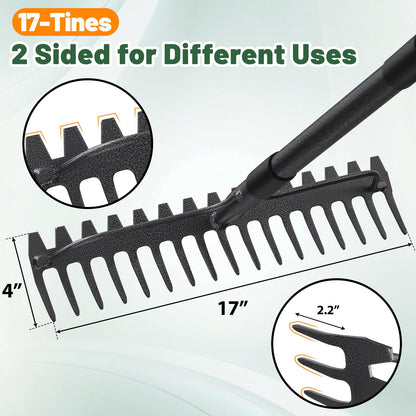 Rake for Lawn, 63" Long Handle, 17 Inch Wide Heavy Duty Garden Rake Thatch Leaf Rakes for Raking Leaf Loosening Soil Gathering Mulch Leveling Rocks, Rustproof Metal Bow Rakes for Leaves Grass