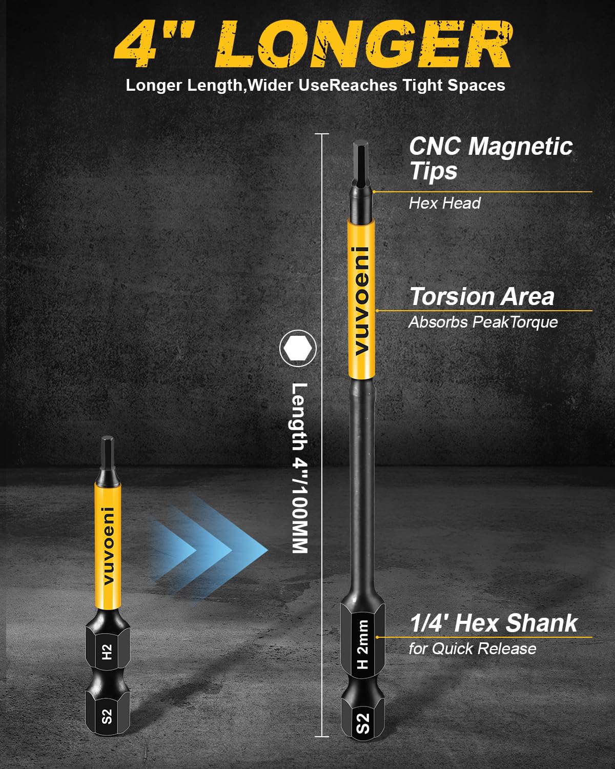 vuvoeni Impact Hex Head Allen Wrench Drill Bit Set 4 in Long (Metric & SAE), 20PCS Allen Bits Magnetism, 1/4'' Hex-Shank S2 Steel for DIY Furniture Assembly & Car Repairs