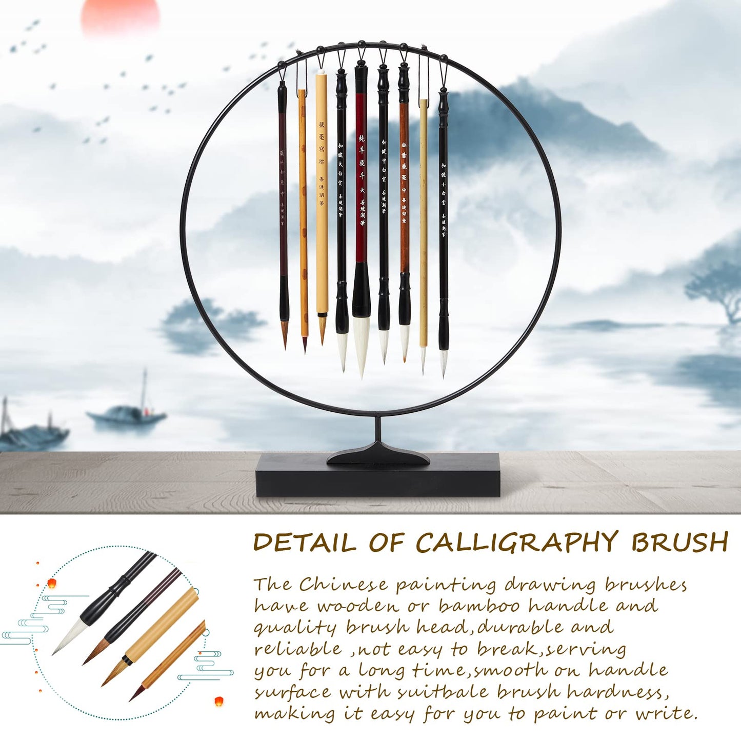 Corciosy Shanlian Hubi Writing Brush Watercolor Chinese Calligraphy Brush Set Kanji Japanese Sumi Painting Drawing Brushes 10 piece/set+Roll-up Bamboo Brush Holder