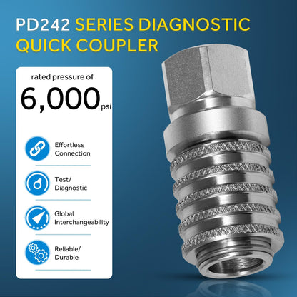 PD242 Series PD Steel Test Port and Diagnostic Equipment Quick Coupler with Female Pipe Thread, 1/8" Body Size, 1/4"-18 NPTF Thread Size, 2.12" Length