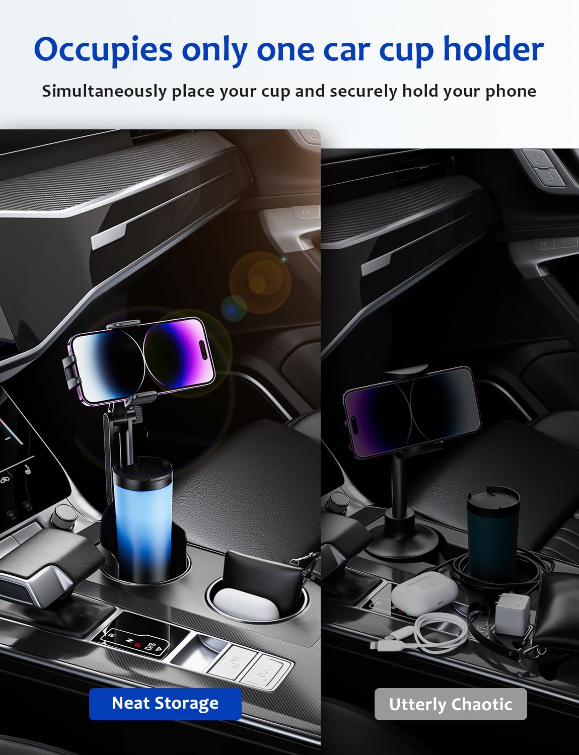 Cup Holder Phone Mount for Car, Tryone 2 in 1 Newest Phone Holder Car Cupholder Adjustable Long Neck Universal Cupholder Cell Phone Holder Cradle for iPhone, Samsung, Google and All Phones (Black)