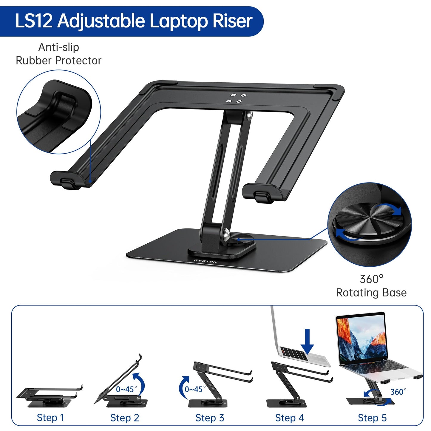 BESIGN LS12 Laptop Stand with 360° Rotating Base, Ergonomic Adjustable Notebook Holder, Riser Holder Computer Stand Compatible with Air, Pro, Dell, HP, Lenovo More 10-14" Laptops (Black)
