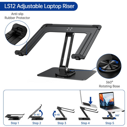 BESIGN LS12 Laptop Stand with 360° Rotating Base, Ergonomic Adjustable Notebook Holder, Riser Holder Computer Stand Compatible with Air, Pro, Dell, HP, Lenovo More 10-14" Laptops (Black)