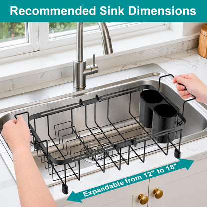 Ceecysaa Dish Drying Rack, Expandable Over The Sink Dish Drying Rack,Adjustable Dish Rack in Sink,Dish Drainer with Utensil Rack & Handle (30-42.5cm) for Kitchen Counter,Metal,Black