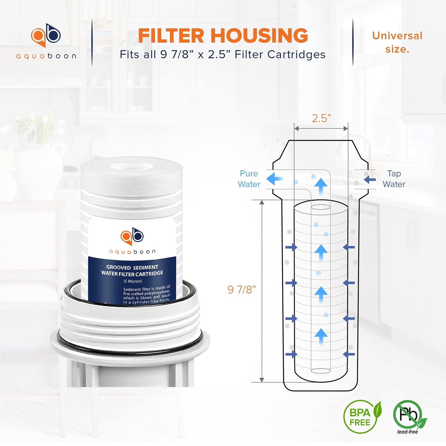 Aquaboon Whole House 5 Micron 10 x 2.5 PP Grooved Sediment Water Filter Cartridge Replacement Compatible with AP110, WHKF-GD05, CFS110, P5, 4-Pack