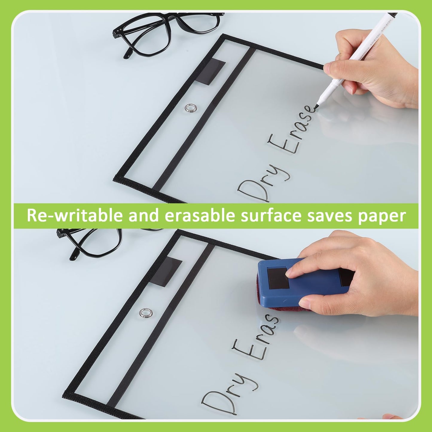 suituts 25 Pack Dry Erase Pockets Sleeves 10x13 Inches Reusable Job Ticket Holders Plastic Pocket Protector Sleeves for Documents, Classroom Teacher Supplies and Shop Tickets (Black)